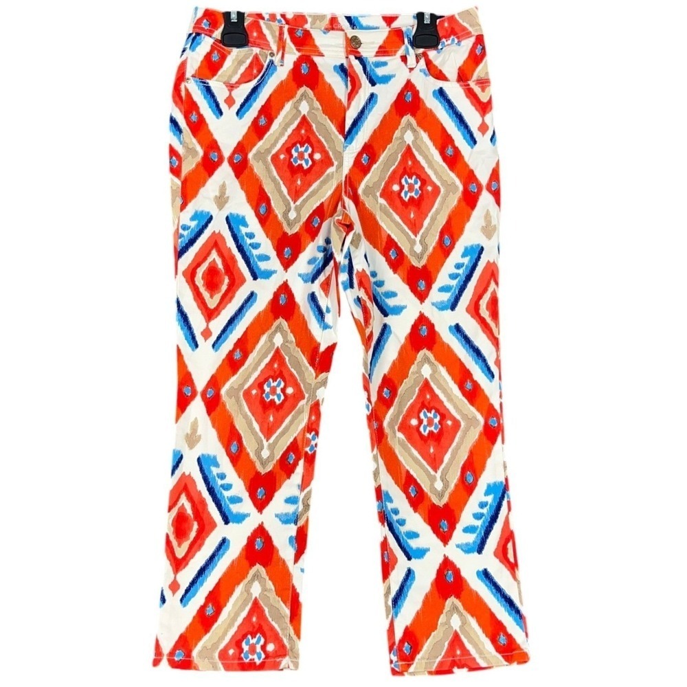 Chicos The Platinum Crop Geometric Ikat Stretch Denim Pants Orange Blue S Womens